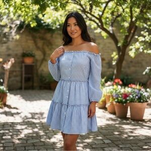 English Factory Blue Gingham Off-Shoulder Dress